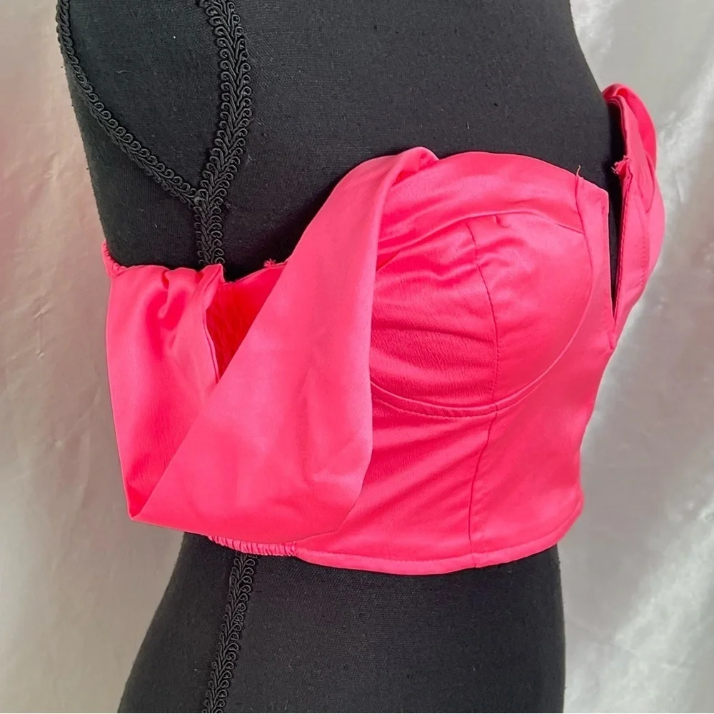 Superdown Neon Pink Off-Shoulder Satin Crop Top | XS | Y2K Party Vibes - Picture 2 of 7